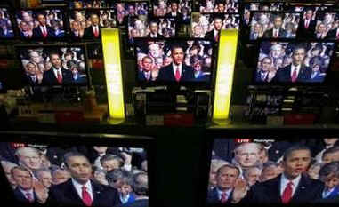 Barack Obama's swearing in ceremony shown on several TVs in Edinburgh, Scotland on January 20, 2009.