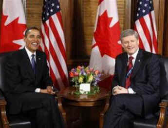 President Obama meets with PM Stephen Harper in Parliament office for Canada US discussions focused on trade and Afghanistan.
