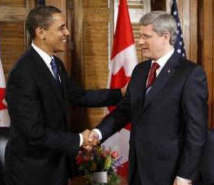 President Obama meets with PM Stephen Harper in Parliament office for Canada US discussions focused on trade and Afghanistan.