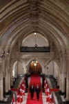 President Obama and PM Stephen Harper walk down the Hall of Honour on Parliament Hill on the way to a press conference.