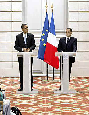 The day after Barack Obama's Berlin Speech he meets with French President Nicolas Sarkozy in Paris, France on July 25, 2009.