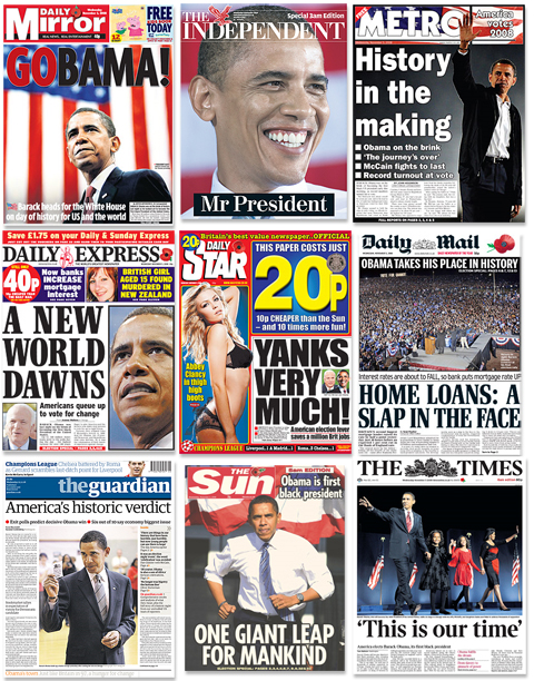 Barack Obama dominates the front pages of the many London daily newspapers on November 6, 2008.