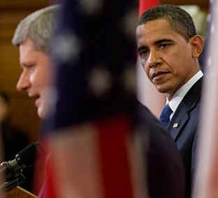 The Official White House YouTube of President Obama's Visit to Canada on February 19, 2009. Photo: President Barack Obama and Prime Minister Stephen Harper hold a news conference on Parliament Hill after private meetings.