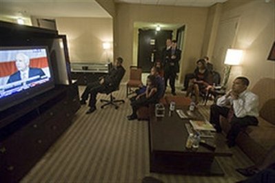 Barack Obama and his family watch election night results on November 4th, 2008.