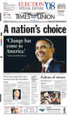 The Albany Times Union newspaper front page on November 5, 2008 featuring Barack Obama's historic victory as the 44th US President.