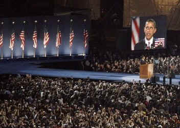 Barack Obama delivers his victory speech in front of a huge Chicago park audience on November 4th 2008.