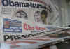 Johhanesburg South Africa newsstand displays Barack Obama's presidential victory in headlines.