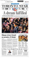 Toronto Star - November 5, 2008 - Barack Obama's historic victory on the front page of Canadian newspapers.