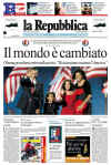 Italy-Rome-La Repubblica. Newspaper front pages from around the world headline Barack Obama's historic US presidential victory.