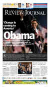 The LasVegas Review Journal newspaper front page image on November 5, 2008 featuring Barack Obama's historic victory as the 44th US President.
