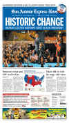 The San Antonio Express News newspaper front page image on November 5, 2008 featuring Barack Obama's historic victory as the 44th US President.