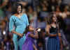 Sasha Obama blow a kiss to her dad on satellite TV on Agust 25, 2008 at the Democratic National Convention in Denver Colorado.