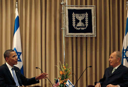Barack Obama meets with Israeli President Shimon Peres in Jerusalem on July 23, 2008 (left).