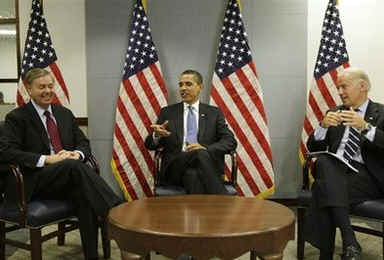 President-elect Barack Obama and Vice President-elect Joe Biden meet with Senator Lindsey Graham at Obama's Washington transition offices (right). Al-Qaeda leader Osama bin Laden releases a new voice recording directed at Israel and Obama. Obama calls Osama and Al-Qaeda the number one threat.