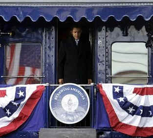 Watch the Official White House YouTube of President Obama's Whistle-Stop on January 17, 2009. Photo: Barack Obama takes the same train journey as President Abraham Lincoln from Philadelphia to Washington on a 137 mile whistle stop trip. Obama's train, known as the Obama Express, stopped in Wilmington, Delaware to pick up Joe Biden, and a stop in Baltimore where he delivered another speech. Abraham Lincoln delivered over 100 speeches on his 1861 train journey.