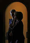 Rahm Emanuel and Nancy Pelosi are silhoutted in Capitol Hill archway. Barack Obama meets with Senate Majority Leader Harry Reid, Speaker of the House Nancy Pelosi, and other key Capitol Hill representatives in Washington, DC. on January 5, 2009.