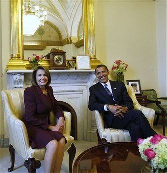 Barack Obama meets with Speaker of the House Nancy Pelosi and other key Capitol Hill representatives in Washington, DC. on January 5, 2009.