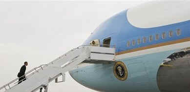 President Barack Obama leaves Andrews Air Force Base on Air Force One enroute to Elkhart, Indiana for a town meeting.