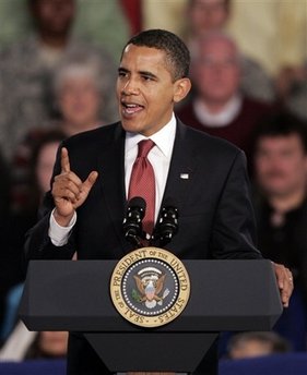 President Barack Obama speaks then answers questions from the audience at a town hall style meeting at Concord Community High School in Elkhart, Indiana. Questions were focused on the economy and the President's stimulus package.