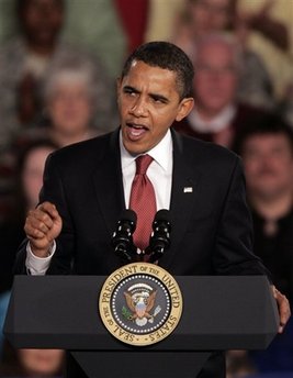 President Barack Obama speaks then answers questions from the audience at a town hall style meeting at Concord Community High School in Elkhart, Indiana. Questions were focused on the economy and the President's stimulus package.