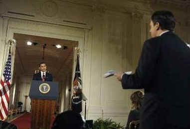 President Barack Obama hold his first news conference as President in the East Room of the White House. The questions centered mostly on the President's economic stimulus package and the urgency of passing the financial bill.