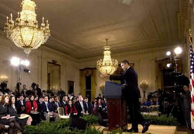 President Barack Obama hold his first news conference as President in the East Room of the White House. The questions centered mostly on the President's economic stimulus package and the urgency of passing the financial bill.