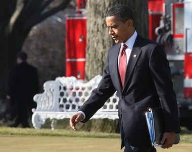 President Barack Obama leaves the Oval Office of the White House for a shuttle on Marine One to Andrews Air Force Base for a trip on Air Force One for a town hall style meeting with residents of Elkhart, Indiana.
