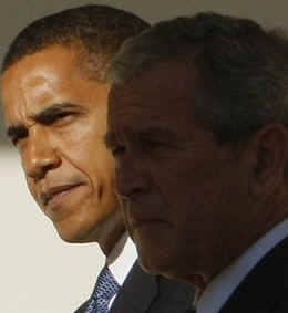 President George W. Bush and President-elect Barack Obama in the Colonnade of the West Wing of the White House during November 10, 2008 transition meeting.