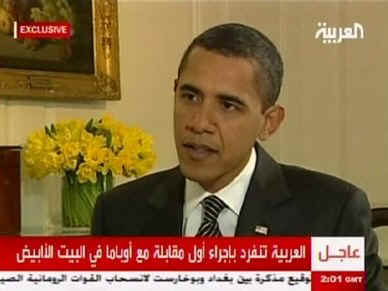 President Barack Obama gives a TV interview with Al Arabiya based in Dubai. In the Washington interview President Obama said he lived in a Muslim country and has Muslim relatives (right). Obama has released offer the Muslim world an olive branch.