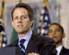 President Barack Obama attends the swearing in of Treasury Secretary Timothy Geithner, performed by Vice President Joseph Biden, at the Treasury Department in Washington on January 26, 2009.