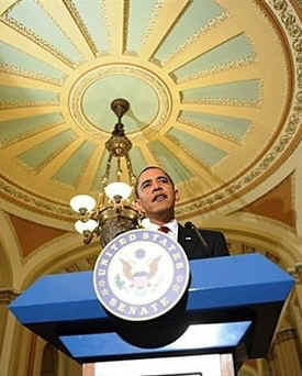 President Barack Obama meets with reluctant Republicans at the Capitol in an all out effort to get Obama's economic plans passed. After brief remarks to the press, President Obama and Transportation Secretary Ray LaHood meet with Republican lawmakers.