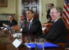 President Barack Obama meets with key business leaders in the Roosevelt Room of the White House. Industry leaders that attended included chief executives from  Xerox, Google, Jet Blue, and Honeywell.