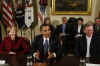 President Barack Obama meets with key business leaders in the Roosevelt Room of the White House. Industry leaders that attended included chief executives from  Xerox, Google, Jet Blue, and Honeywell. 