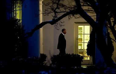 President Barack Obama returns to the Oval Office of the White House after meetings at the Pentagon. Darkness falls on the White House after a busy Day 9 of Barack Obama's presidency.