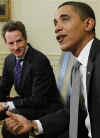 President Barack Obama meets with the press in the Oval Office of the White House. With Treasury Secretary Timothy Geithner at his side, Obama was visibly upset with Wall Street's recent multi-billion dollar bonuses to top executives. President Obama called Wall Street bonuses as "shameful" and irresponsible.