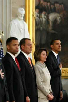 President Barack Obama in the Rotunda of the US Capitol in Washington, DC on February 12, 2009 during the Lincoln Bicentennial Congressional Celebrations honoring the 1809 birth of President Abraham Lincoln.