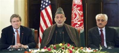 Richard Holbrooke, the US Special Envoy to India, Pakistan, and Afghanistan meets with Afghanistan's Afghan President Hamid Karzai in Kabul, Afghanistan on February 14, 2009. 