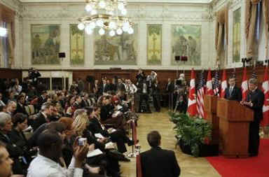President Barack Obama and Prime Minister Stephen Harper hold a joint news conference on Parliament Hill after private meetings.