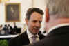 President Obama addresses Governors in the State Dining Room of the White House. Governors are attending the National Governor's Association conference. Vice President Joe Biden and Treasury Secretary Tim Geithner (photo) also attended. The economic stimulus package was the focus of discussions between the White House and the Governors.