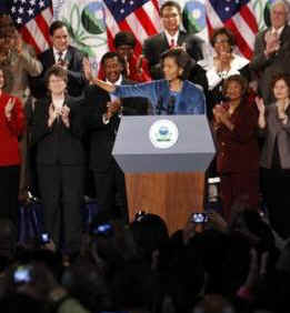 First Lady Michelle Obama meets with employees of the Environmental Protection Agency (EPA) at the Mellon Center in Washington, DC on February 26, 2009.