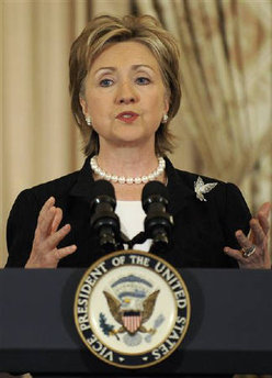 Hillary Clinton is officially sworn in as US Secretary of State by Vice President Joe Biden at the State Department in Washington on February 2, 2009. Guests for the ceremony included former Secretaries of State James Baker and Henry Kissinger. and celebrities like Chevy Chase. Daughter Chelsea and husband Bill Clinton joined the ceremony, with former President Bill Clinton holding the Bible for the swear-in.