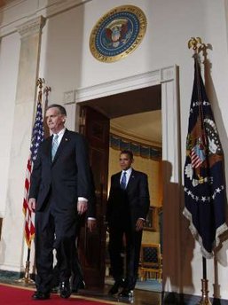 President Barack Obama nominates Republican New Hampshire Senator Judd Gregg as Commerce Secretary. Obama made the announcement from the Grand Foyer of the White House with Vice-President Joseph Biden on February 3, 2009.