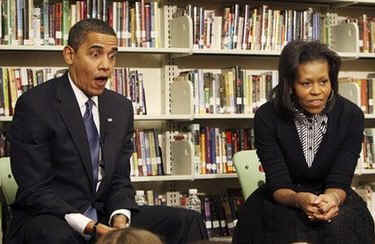 First Lady Michelle Obama and President Barack Obama meet with second graders at Capitol City Public Charter School. The President and First Lady read the children a book on the Apollo 11 moon landing called "Moon Over Star" on February 3, 2009.