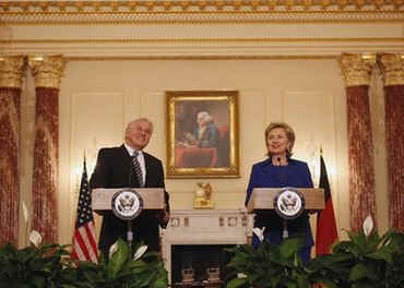 Secretary of State Clinton meets with German Foreign Affairs Minister Frank Walter at the State Department.