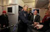 President Obama boards Air Force One for the first time as President. Obama is given an Air Force One jacket and mingles with reporters in the press cabin. Obama appeared at a Democratic conference in Williamsburg, Virginia on February 5, 2009.