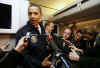 President Obama boards Air Force One for the first time as President. Obama is given an Air Force One jacket and mingles with reporters in the press cabin. Obama appeared at a Democratic conference in Williamsburg, Virginia on February 5, 2009.