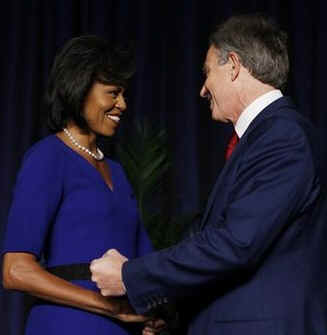 President Barack Obama and First Lady Michelle Obama attend the National Prayer Breakfast in Washington on February 5, 2009. Other attendees included world leaders including Tony Blair the former UK Prime Minister.