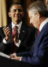 President Barack Obama and the UK in 2009 - Barack Obama newspaper front page headlines, news, photos, and UK visits. Photo: President Barack Obama and First Lady Michelle Obama attend the National Prayer Breakfast in Washington on February 5, 2009. Other attendees included world leaders such as Tony Blair (speaking) the former UK Prime Minister.