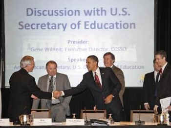 President Barack Obama makes an unscheduled visit to the Council of Chief of State School officers who were meeting in Washington on March 10, 2009. 