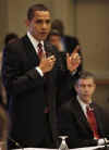 President Barack Obama makes an unscheduled visit to the Council of Chief of State School officers who were meeting in Washington on March 10, 2009.